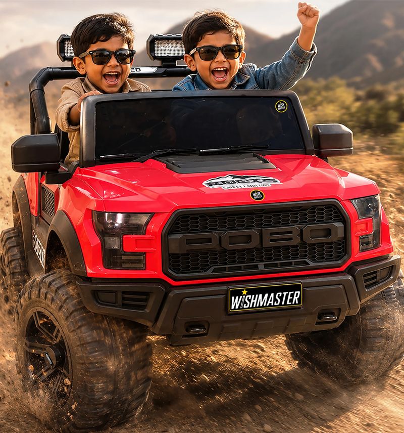 Wishmaster 4x4 Pobo Driving Car With Remote, Mobile App + Manual Drive Car | 2-8 Year Jeep Battery Operated Ride On